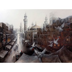 K Mehmood, 36 x 48 Inch, Acrylic and Charcoal on Canvas, Cityscape Painting, AC-KHM-005